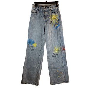PacSun Baggy‎ Jeans Women's 25 Blue Denim Printed Medium Wash Wide Leg 8202